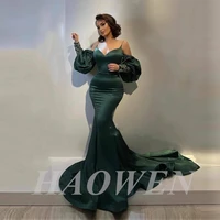 haowen elegant royal green long mermaid evening dress appliques sweetheart puff sleeves straps party gowns formal