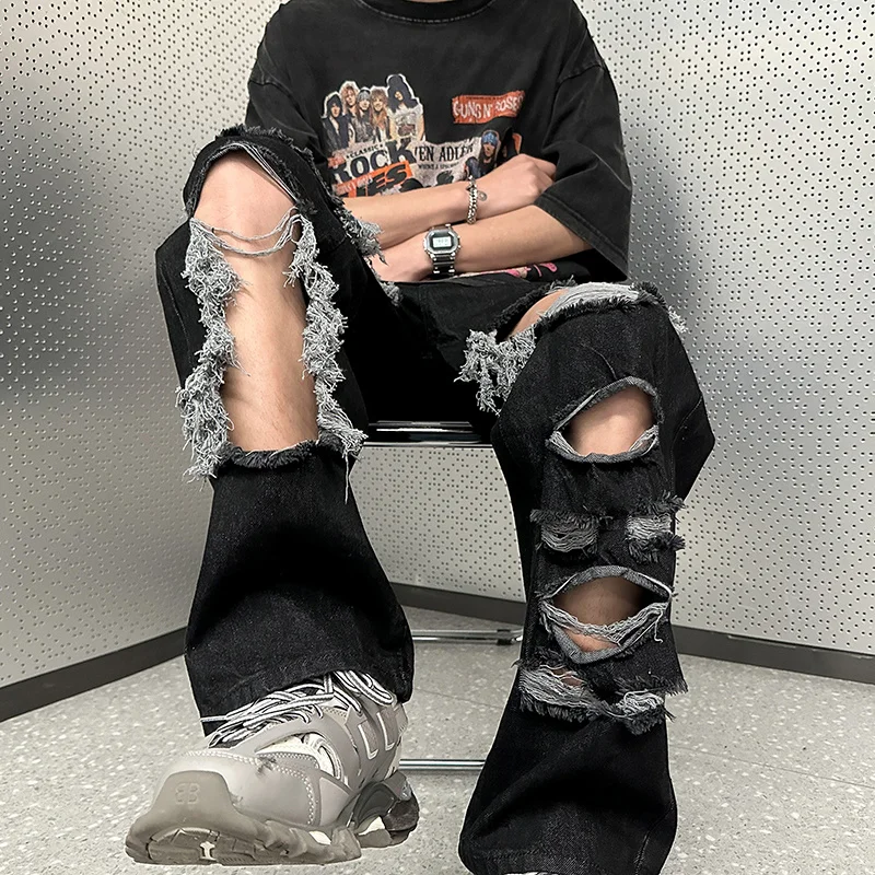 Summer Black Baggy Jeans Men Fashion Retro Straight Hole Jeans Men Streetwear Hip-hop Loose Ripped Denim Pants Mens Trousers