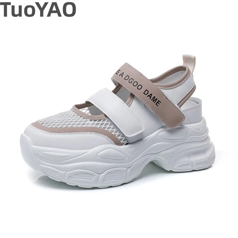 

Кроссовки женские из натуральной кожи, сетчатые, на массивной танкетке 7 см, с ажурным крючком, удобная модная дышащая обувь для отдыха, на лето