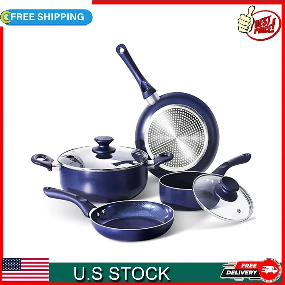 

6 Pieces Pots and Pans Set,Aluminum Cookware Set, Nonstick Ceramic Coating, Fry Pan, Stockpot with Lid, Blue