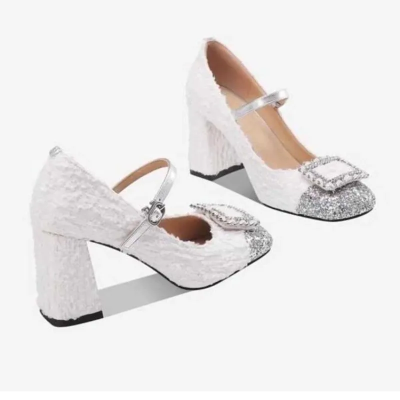 Женская грубая шерстяная обувь весны 2024 новые туфли на толстом каблуке с