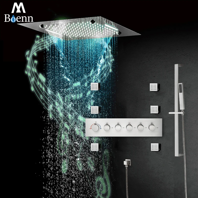 

M Boenn Brushed Nickel Thermostatic 5 Functions Rain Shower Set System Bathroom Faucets Bath Taps LED Music 20 Inch Shower Head