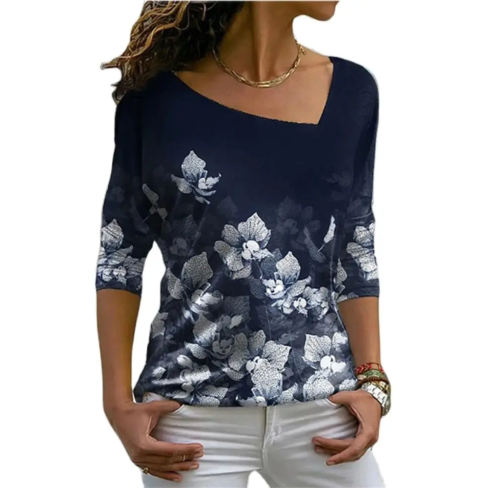 

Europe and The United States 2022 autumn winter flower leaf printed V-neck long sleeve T-shirt for women