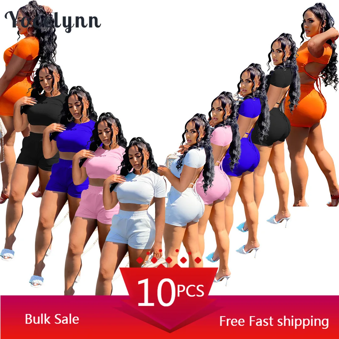 

Bulk Item Wholesale Lots Two Piece Outfits for Women Bandage Solid Backless Crop Top and Biker Shorts Set Sexy Summer Clothing