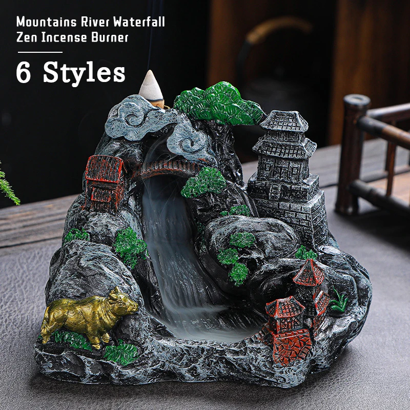 Mountains River Waterfall Incense Burner Fountain Backflow Aroma Smoke Censer Holder Office Home Unique Crafts+100 Incense Cones images - 6