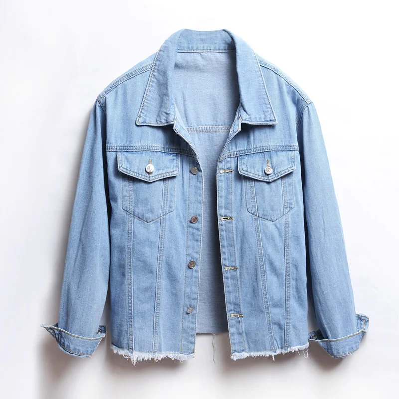 

2022 New Stylish Female Denim Jacket Spring and Autumn Long-sleeve Creative Rough Edge Blue Denim Coat