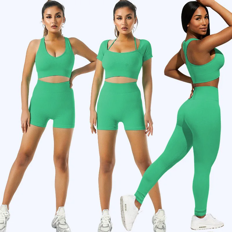 

New Ribbed Yoga Set Women Seamless Gym Clothing Sports Suits Sports Bra Crop Top High Waist Leggings Shorts Workout Clothes