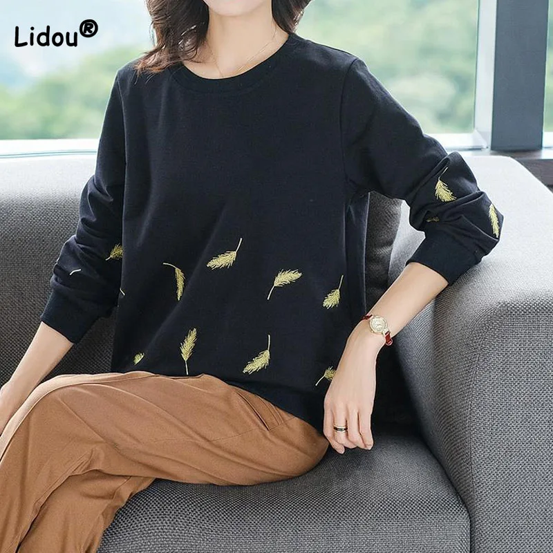 

Female Round Neck Casual Embroidery Solid Color Tops Fashion Commute Long Sleeve Loose T-shirt Spring Autumn Women's Clothing