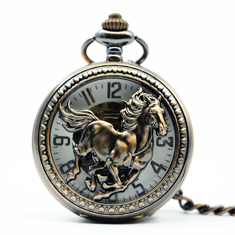 

Retro Mechanical Pocket Watch Galloping Horse Flip White Arabic Numeral Dial Belt Chain Clock Men's Ladies Student Gift Souvenir