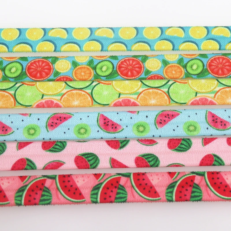 

DUWES 5/8'' 50yards Watermelon Lemon Orange Printed Fold Elastic FOE Stretch Ribbon Hairbow Headwear Headband DIY OEM D1539