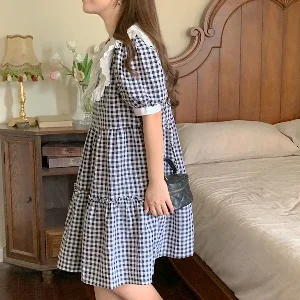 Милое летнее платье-миди в клетку с коротким рукавом модные блузки 2022 дешевая