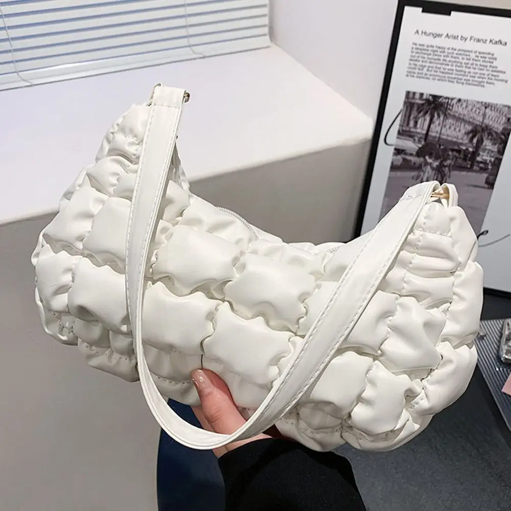 

New Pleated Handlebags For Women Shoulder Bag Rhombus Embroidery Thread PU Leather Underarm Bag Design Simple Handbags