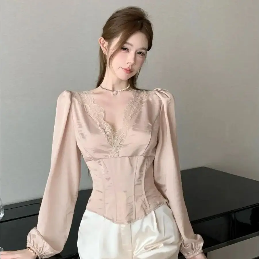 Женские рубашки элегантные кружевные края сексуальные облегающие шикарные