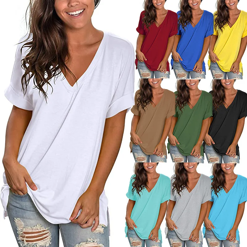 

Women V neck loose T shirt Summer 2022 new solid color short sleeve Tops casual Plus Size ladies T-Shirt