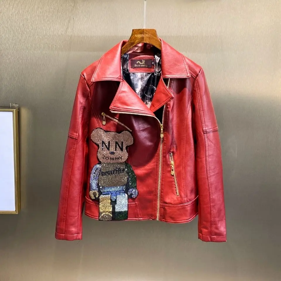 

European Station Heavy Industry Diamond-Studded Bear Red Leather Jacket Women's Loose Leisure Female Clothing