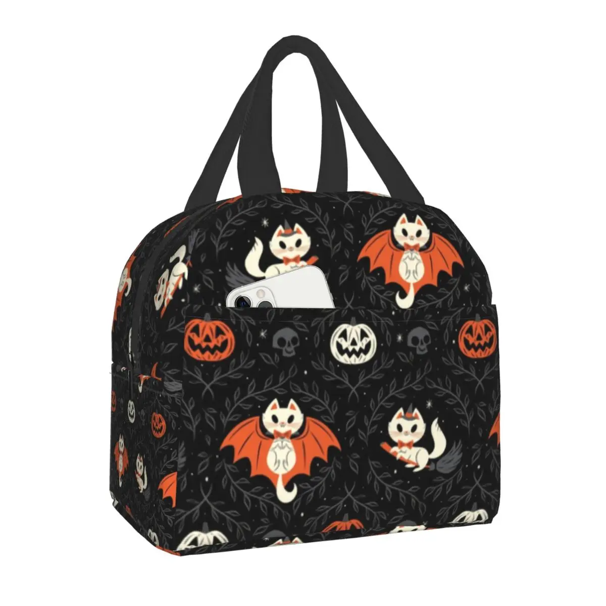 

Spooky Kittens Insulated Lunch Bags for Women Halloween Witch Cat Resuable Thermal Cooler Food Lunch Box Outdoor Camping Travel