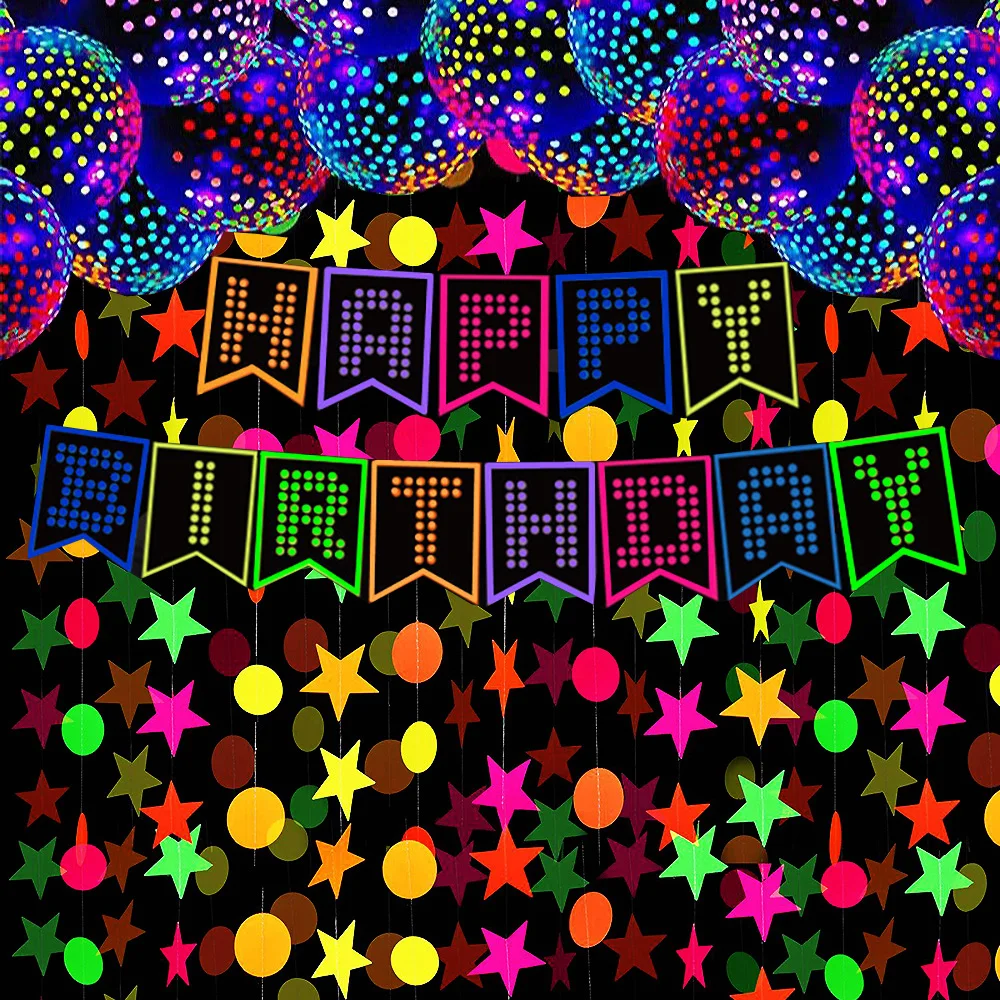 

Neon Glow Party Garlands Luminous Balloons Happy Birthday Banners Glow In The Dark Kids Birthday Wedding Fluorescent Decorations