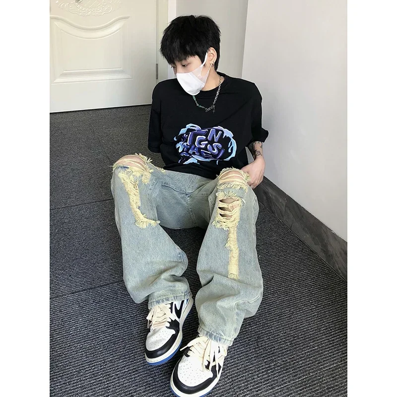 Уличные рваные мужские джинсы American Y2k в стиле хип-хоп для тяжелой промышленности