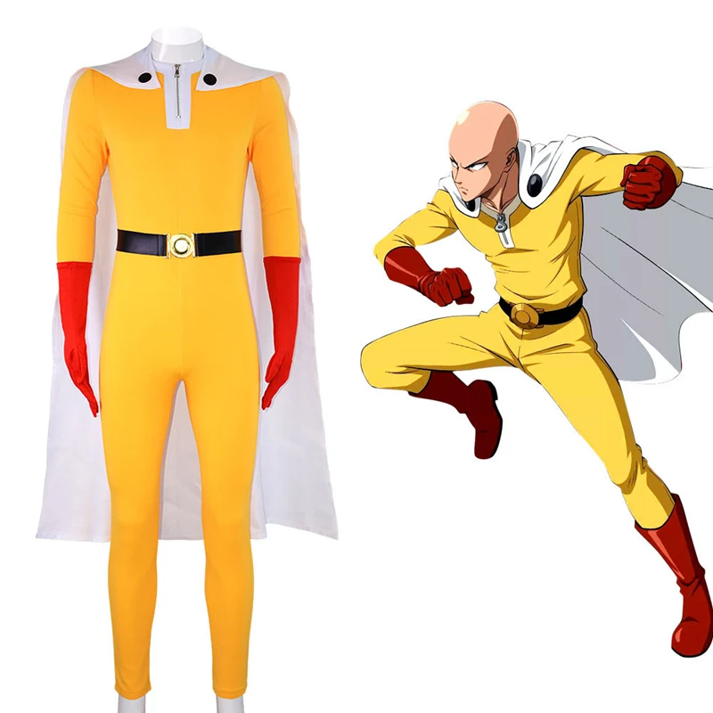 Костюм для косплея Аниме ONE PUNCH-MAN желтый комбинезон Сайтама с белой накидкой