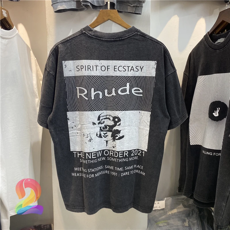 

Washed Vintage Rhude Oversize Men's T-Shirt High Street Distressed Short Sleeve TShirts