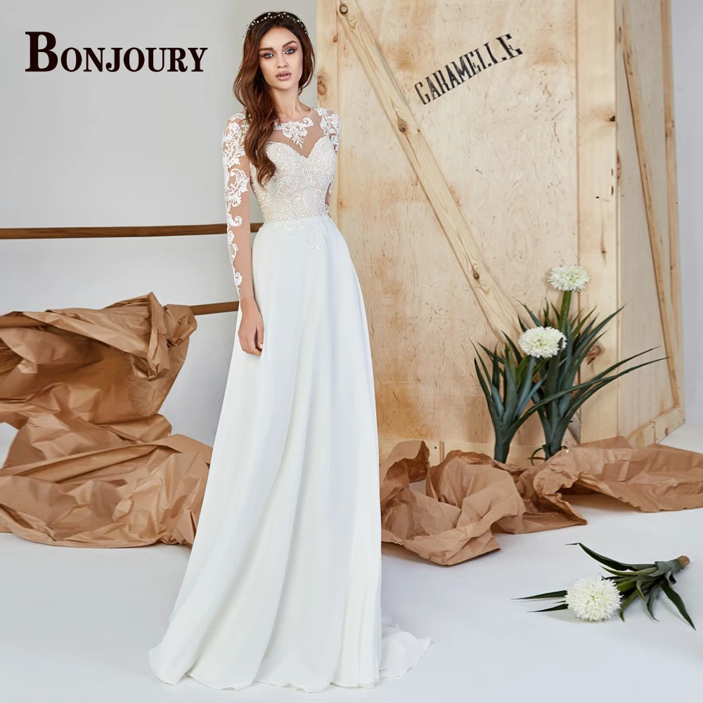 

BONJOURY Simple 2023 Wedding Dresses Long Sleeves O-neck For Women Pleat Chiffon Vestido De Noiva Made To Order Bride Formal