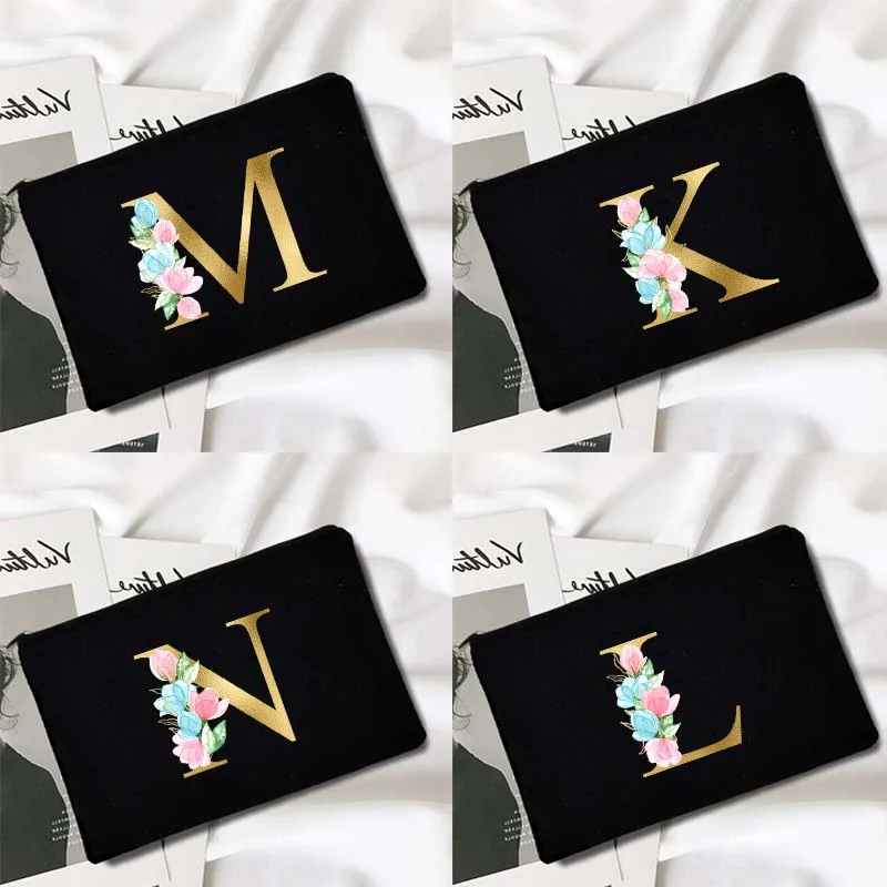 

A-Z Alphabet Flower Print Fashion Women Cosmetic Makeup Bag Lipstick Reusable Eco Wedding Party Zipper Pouch Organizer Bags