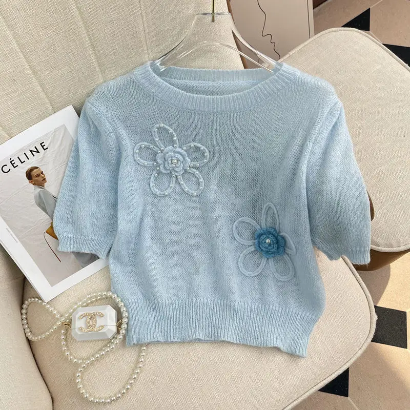 

Hook Flower Short Sleeve Sweater Women's 2022 Summer New Fashion Sweet Round Neck Knitted Top Korean Chic Elegant Pullover