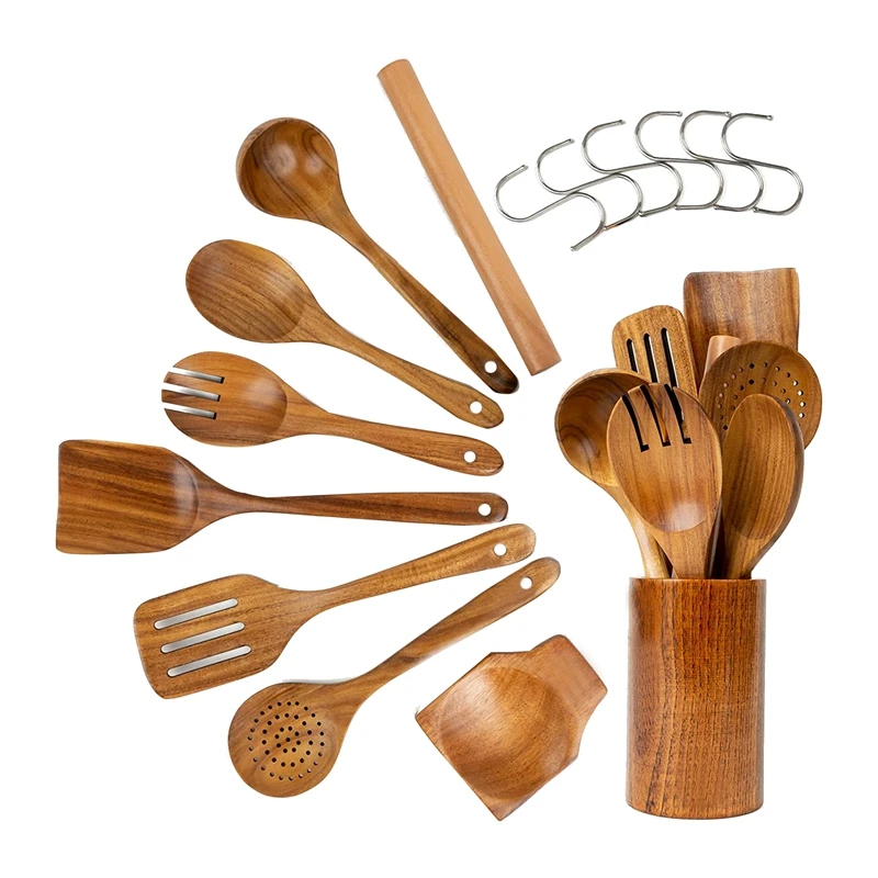

Wooden Spoons For Cooking Utensils Set -9 Pcs Teak Nonstick Kitchen Utensil Set - Wooden Serving Spoons Cooking Set
