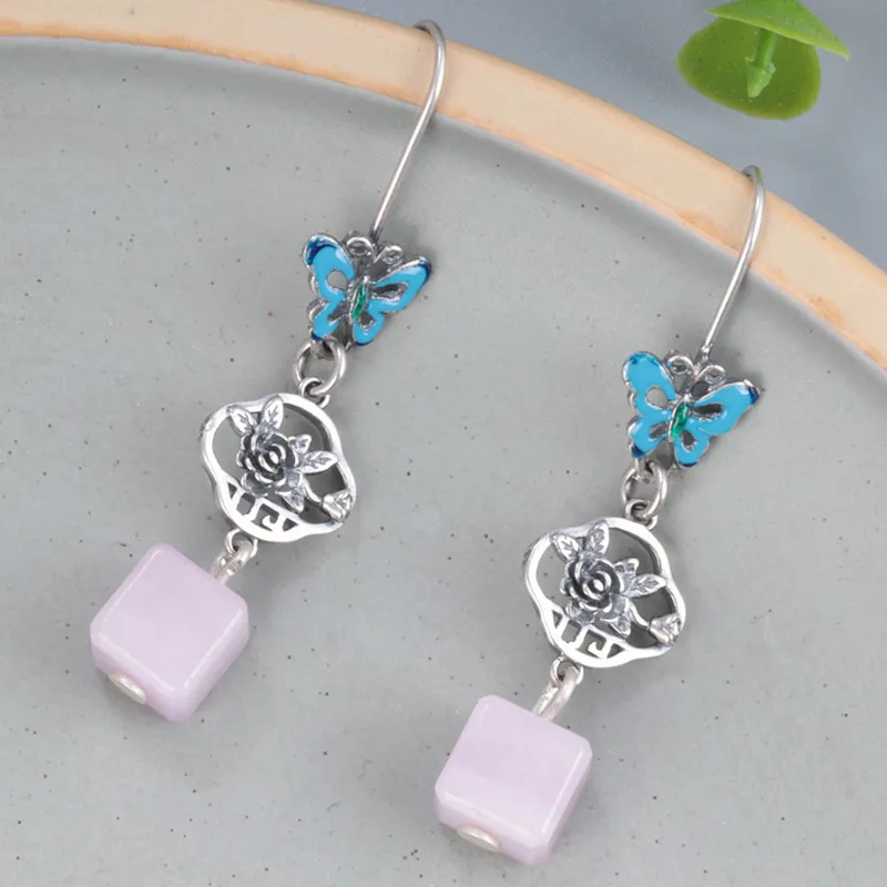 

925 Sterling Silver Butterfly Rose Cube Pink Kunzite Dangling Earrings Women Retro Ethnic Geometric Long Earrings Jewelry EH164