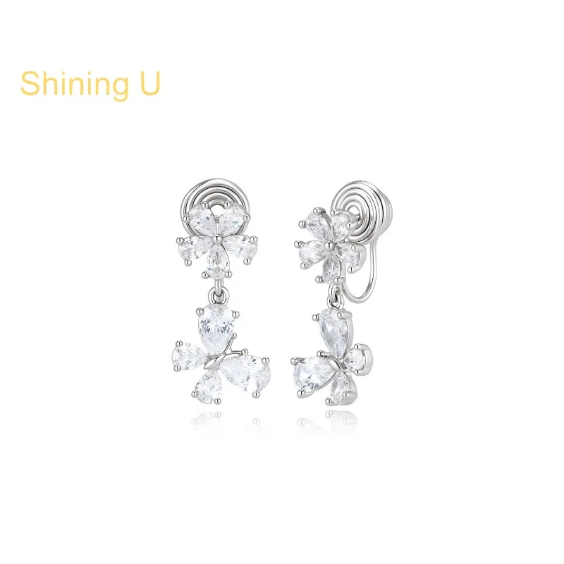 Фото Серьги-клипсы Shining U с цирконами в форме бабочки и цветка для женщин, модные украшения на лето №5