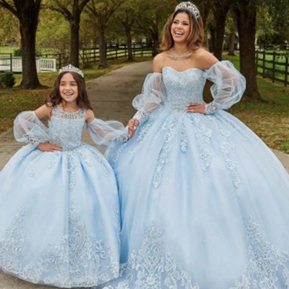 

LSYX Sweetheart Collar Long Sleeve Layered Tulle Party Ball Gown Elegant Sky Blue Quinceanera Dress Laced up Applique Dresses