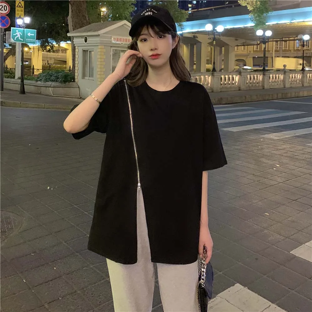 

Женская рубашка с коротким рукавом, белый или черный топ средней длины на молнии с разрезом, модная шикарная универсальная Свободная Женска...