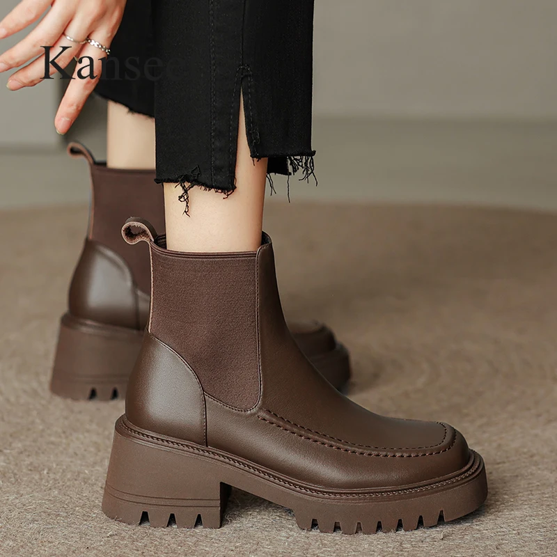 

Женские ботильоны Kanseet Коллекция осень-зима 2022, ботинки из натуральной кожи с квадратным носком, женские эластичные короткие ботинки ручной работы на массивном каблуке 40