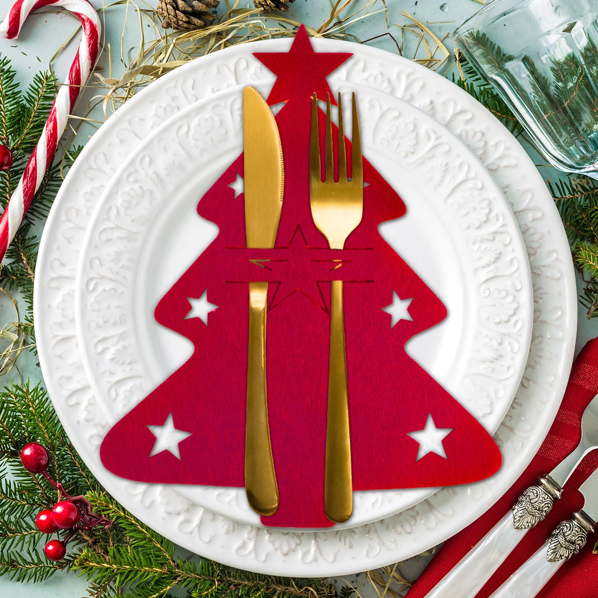 

Christmas Decoration Knife and Fork Storage Red Green Tree Shape Wedding Christmas Home Dinner Table Decoration Supplies