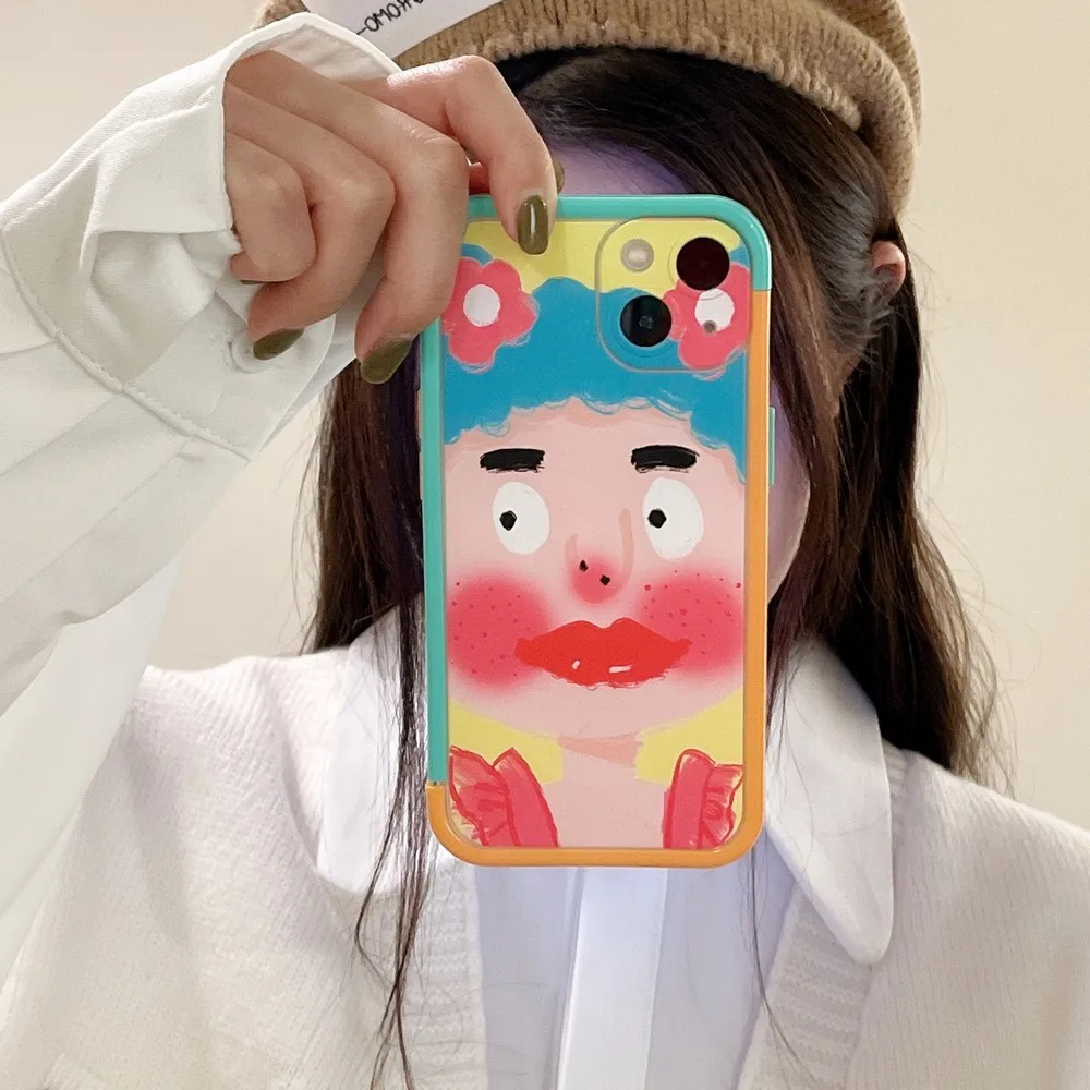 Combination Frame Anti-fall Shell Blue Hair Pockmark Girl Mobile For Iphone 13promax 14promax 11 12 13 14 13pro Phone Case