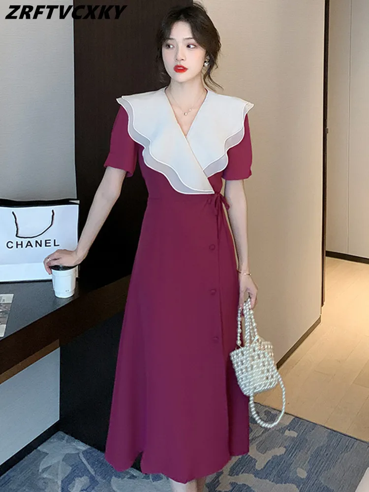 

High-end Custom Women Loose Midi Dress 2022 Summer Ladies Sweet Double Layer Wooden Ears Doll Collar Short Sleeve Long Vestidos