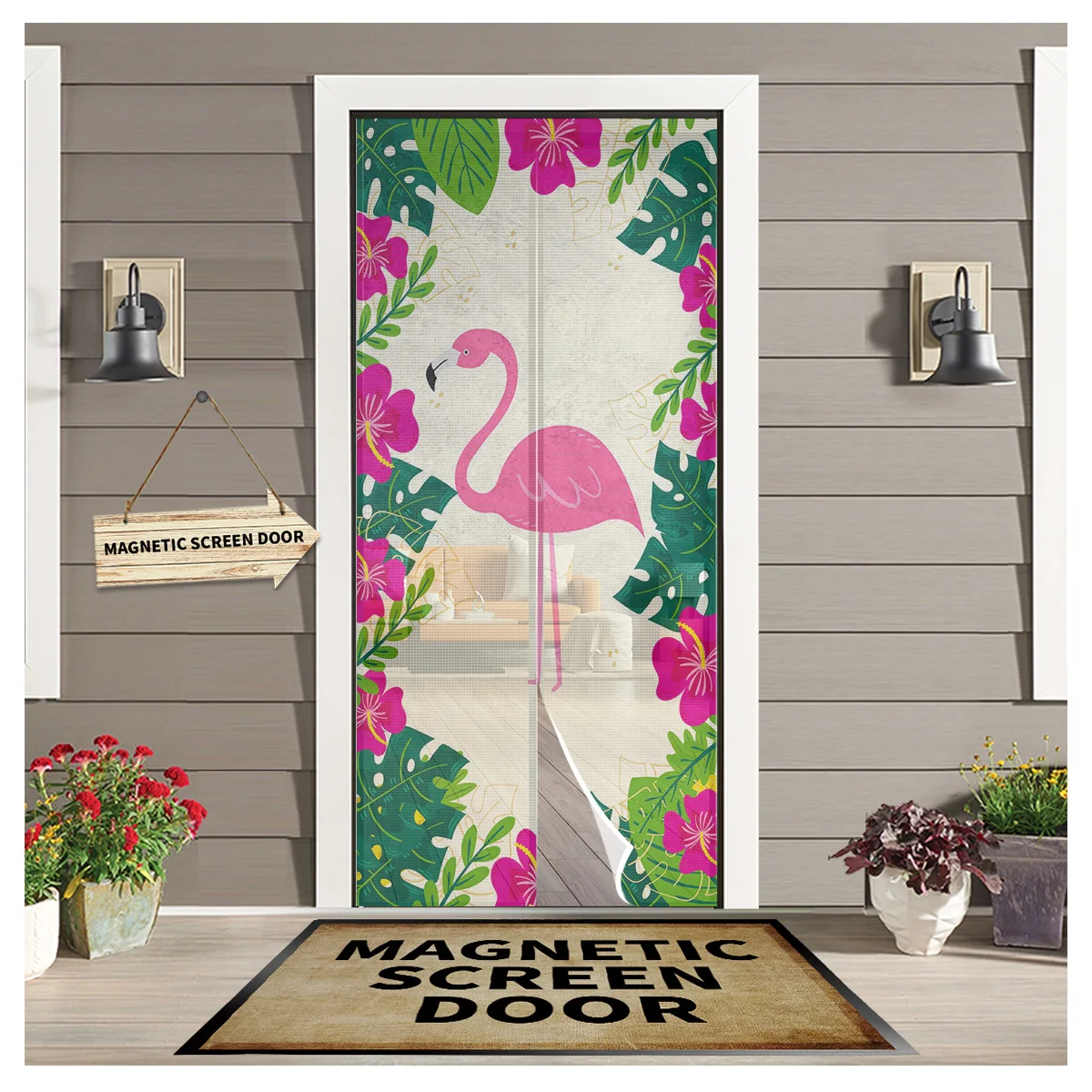 

Flamingo Flower Tropical Leaves Kitchen Door Curtain Tool-free Magnetic Screen Insect-proof Door Curtain Bedroom Hanging Curtain