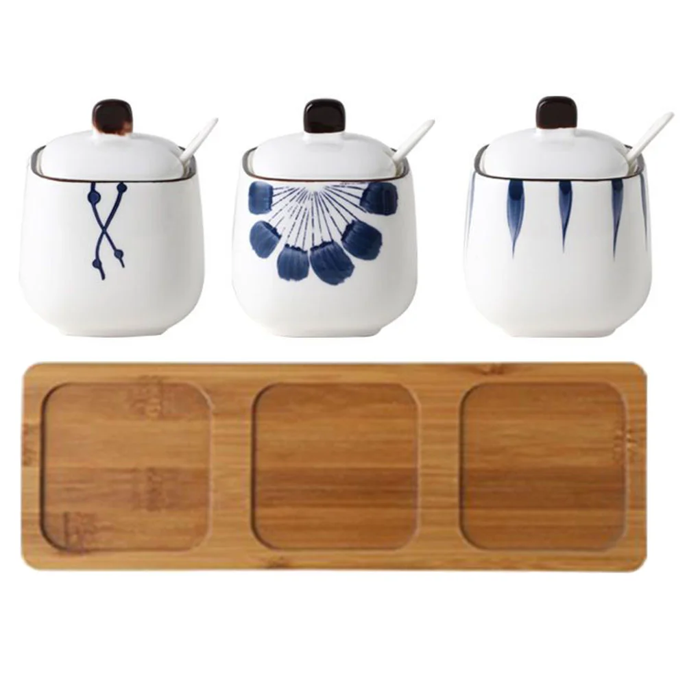 

Seasoning Jar Three Piece Set Salt Pepper Bowls Lid Sugar Container Containers Ceramic Condiment Storage Food Lids