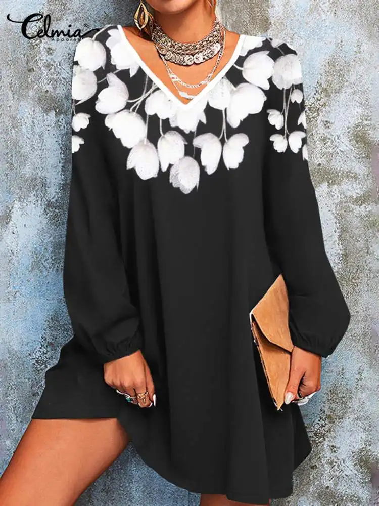 

Casual Loose 2022 Party Robes Celmia Women Floral Print Mini Dress Autumn Spring Vintage Puff Long Sleeve V Neck Short Vestidos