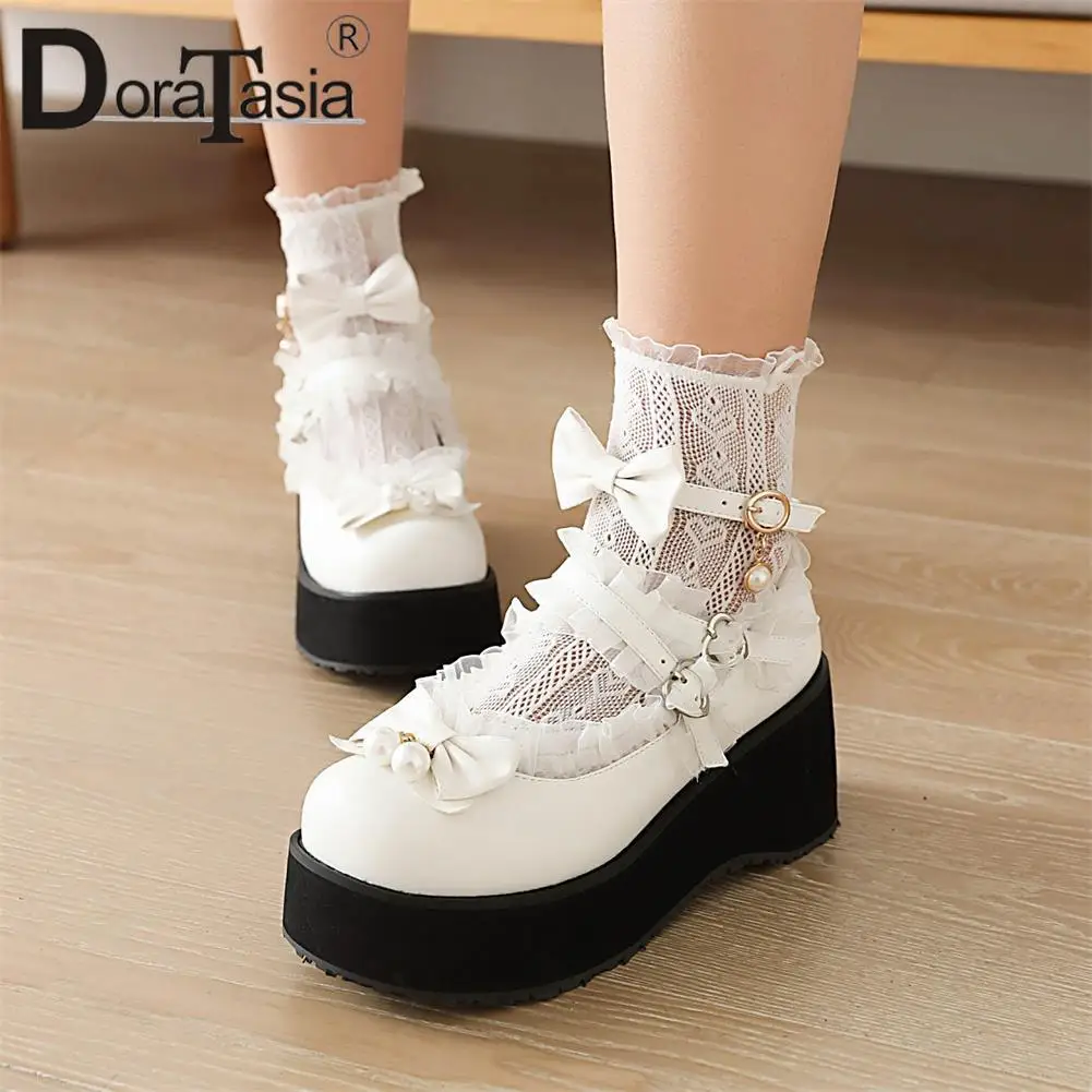 

Plus Size 48 Brand Design Female Wedges High Heels Pumps Cute Sweet Bow Platform women's Mary Janes Pumps Party Goth Woman Shoes