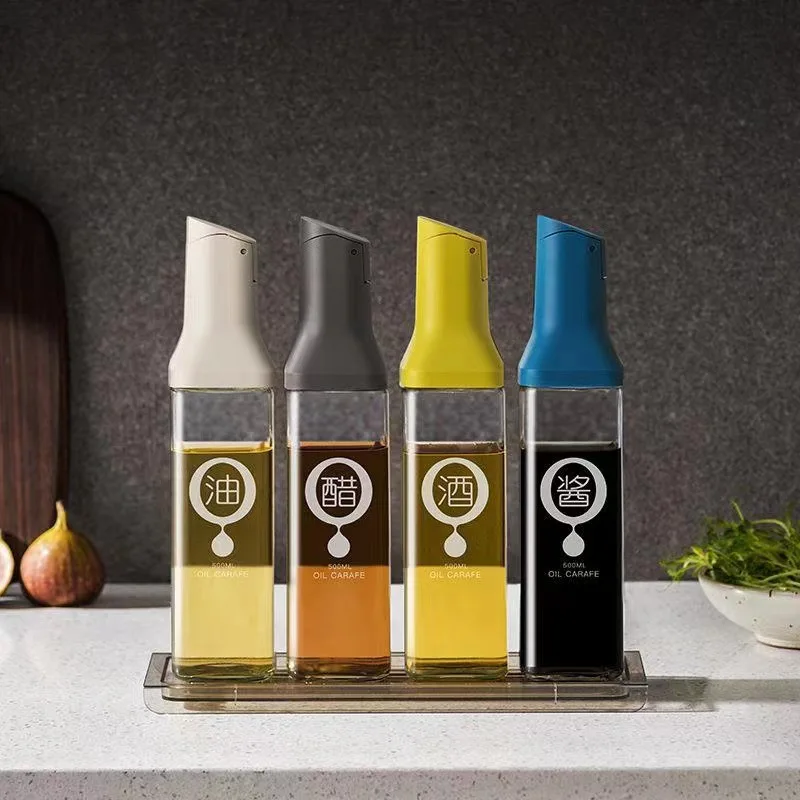 1pc 500ml Automatic opening closing oil pot Kitchen High Temperature Glass Oil Jar Leak-proof soy sauce vinegar sesame Bottles