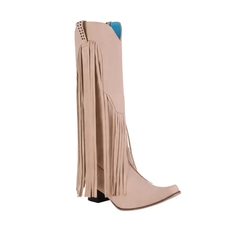

Women Personality High Boots Solid Color Faux Suede Stitching Tassel Pointed Toe Fashion Street Outdoor Elegant Women Shoes