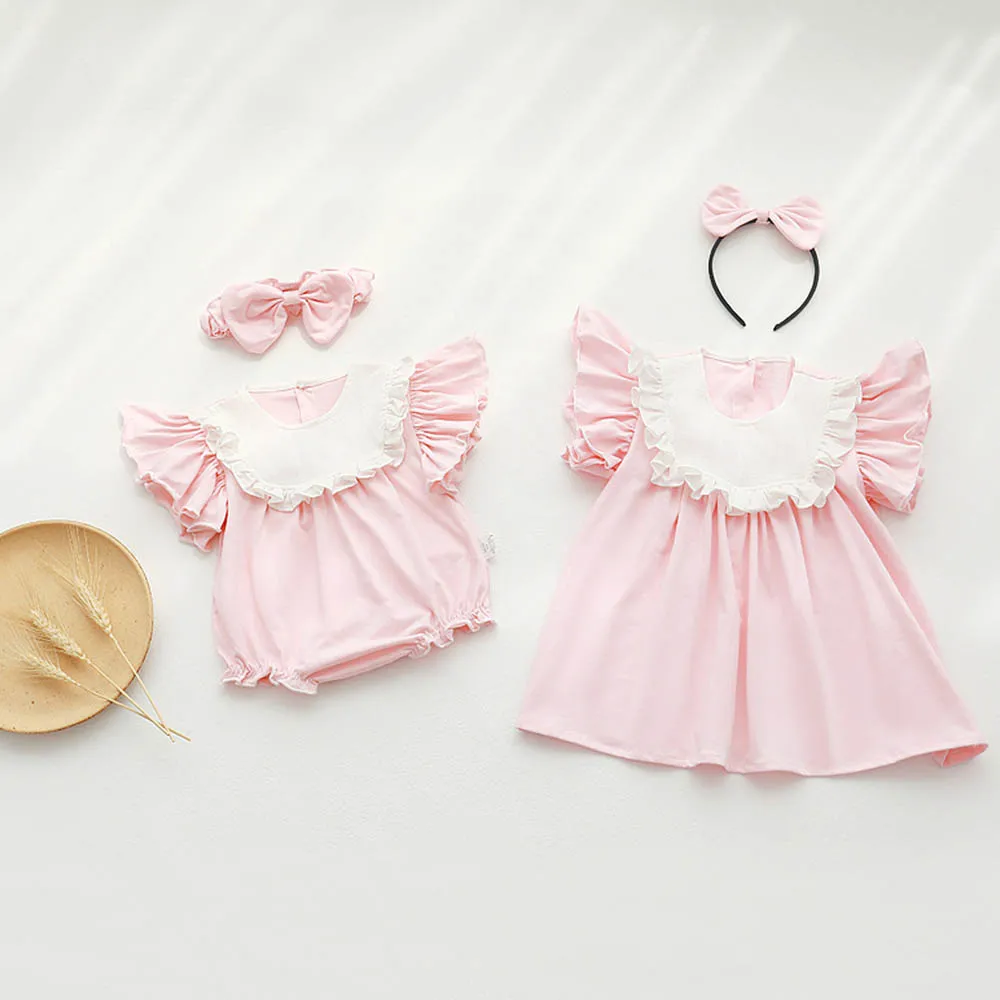 

Toddler Girls Sets 2022 Summer Newborn Fashion Flying Sleeve Pink Princess Tops Shorts Suit Girls Cute Solid Rompers Sister Suit