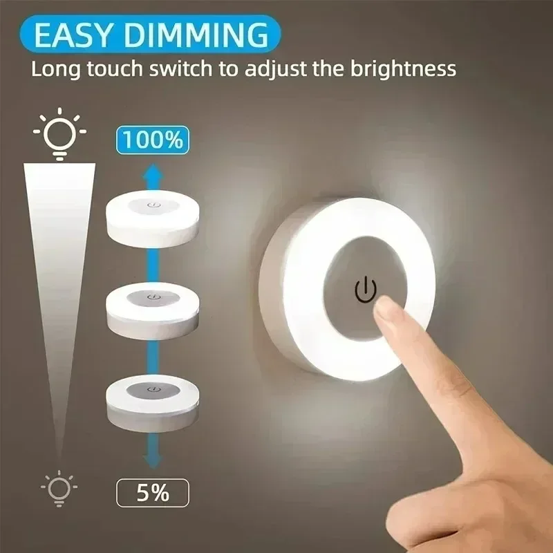 1/6PCS Mini LED Touch Sensor Night Lights Portable USB Rechargeable Magnetic Base Wall Light 3 Modes Bedroom Dimming Lamps