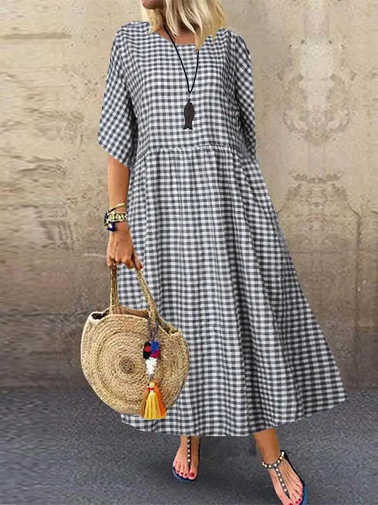 

2022 ZANZEA Bohemian Check Maxi Dress Women's Sundress Casual Half Sleeve Tunic Vestidos Female Plaid Shirt Robe