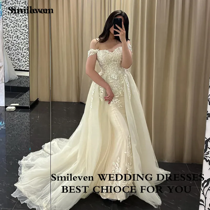 

Женское свадебное платье с юбкой годе, со съемным шлейфом и открытыми плечами