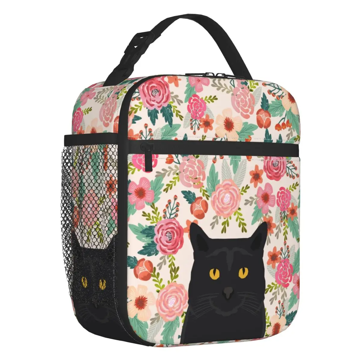 Black Cat Breed Floral Pattern Lunch Box Waterproof Background Pet Kitten Thermal Cooler Food Insulated Lunch Bag School Student
