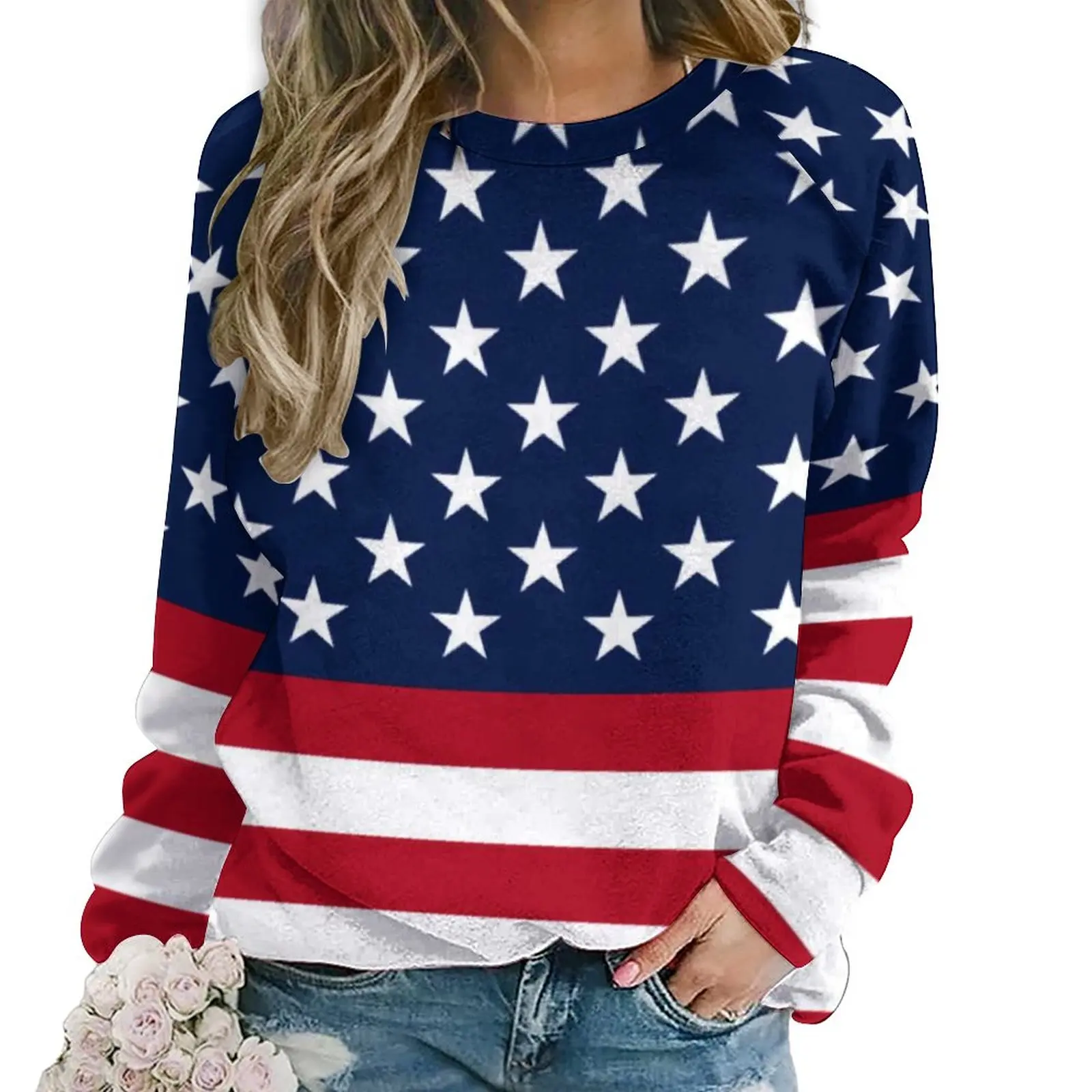 

Star Spangled USA Flag Casual Hoodies Ladies Patriotic Red White Blue Stars Stripes Design Hoodie Hip Hop Oversize Sweatshirts