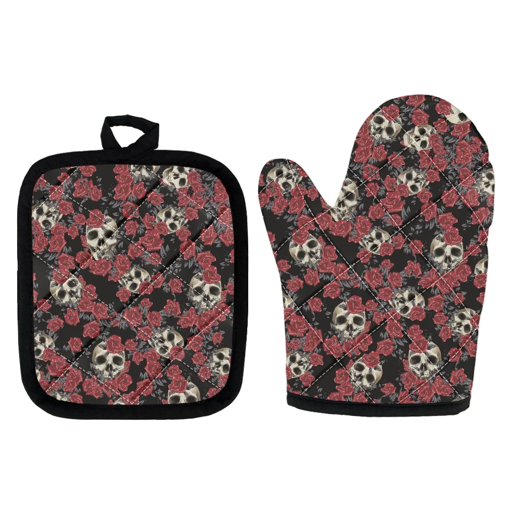 

Перчатки для микроволновой печи в готическом стиле, Нескользящие митенки с розовыми вставками для приготовления пищи в ресторане, барбекю, ...