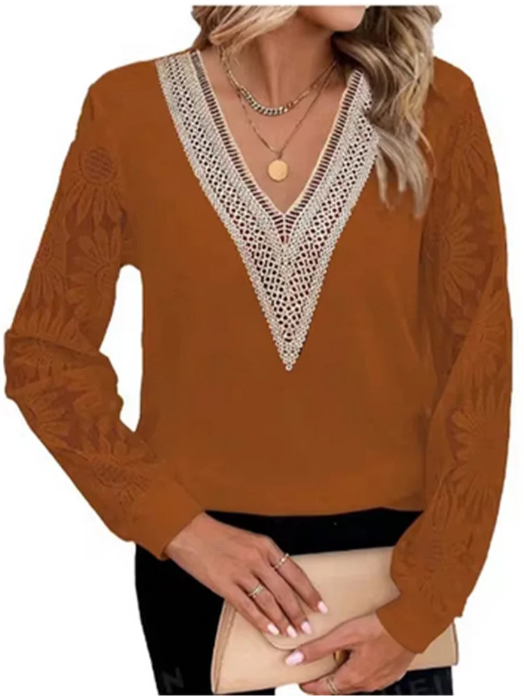 Кружевная прозрачная блузка с длинным рукавом Женская Однотонная футболка